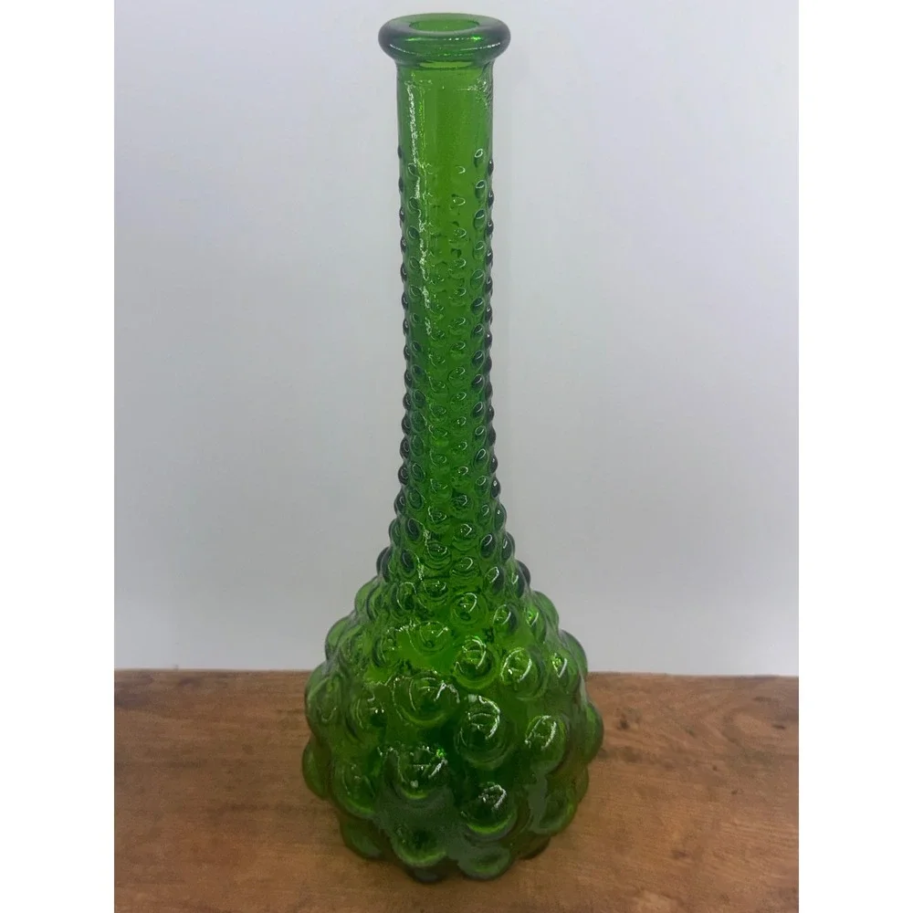 Vintage Green Glass Hobnail Genie Bottle Vase Mid Century Modern Decor 13.5 Inch